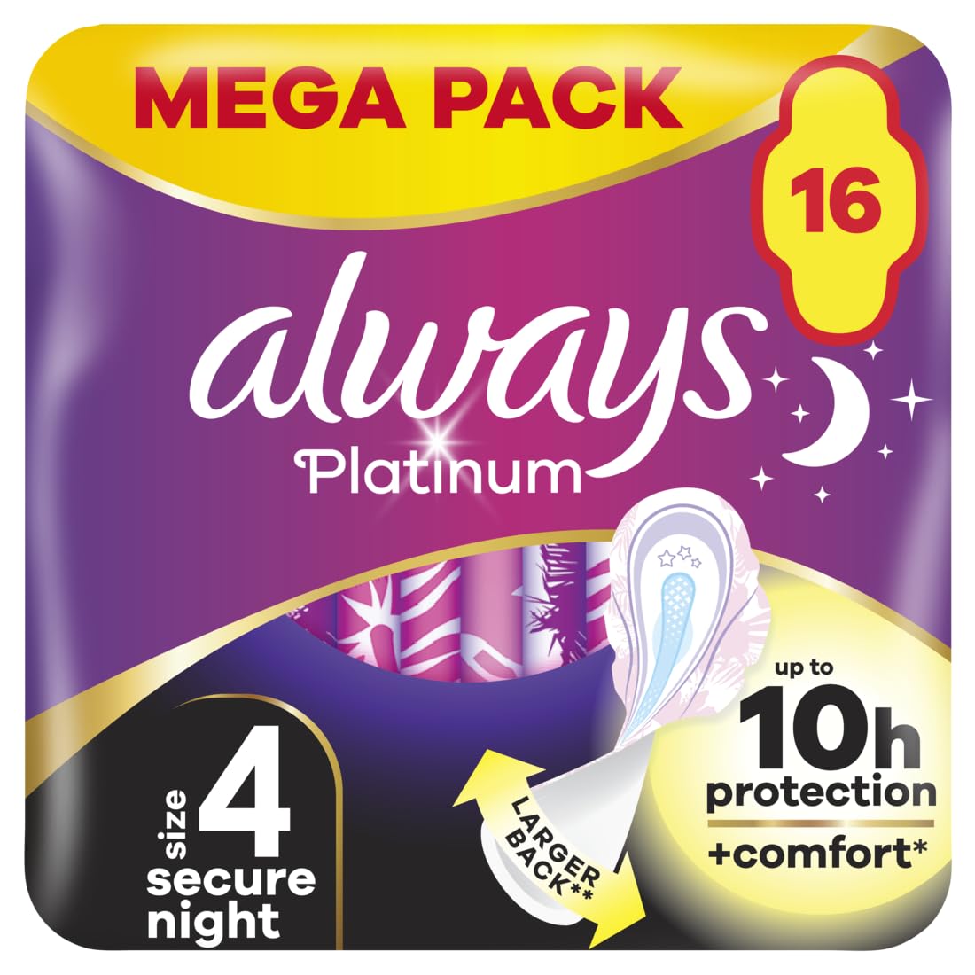 Always Platinum Secure Night (Size 4) Sanitary Towels with Wings 16 Pads