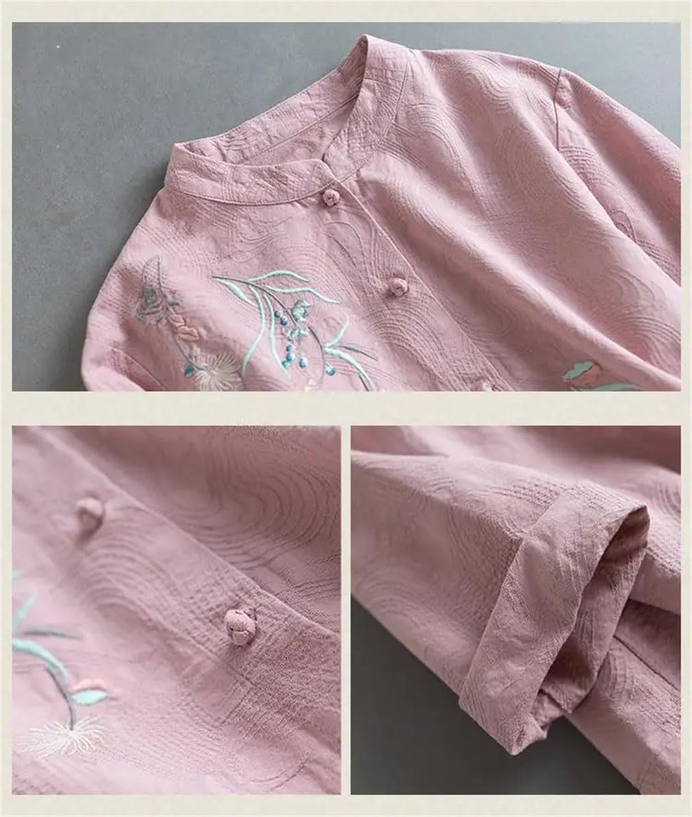 Style chinois brodé coton lin chemises printemps été boutonné manches longues col montant vêtements lâches tops
