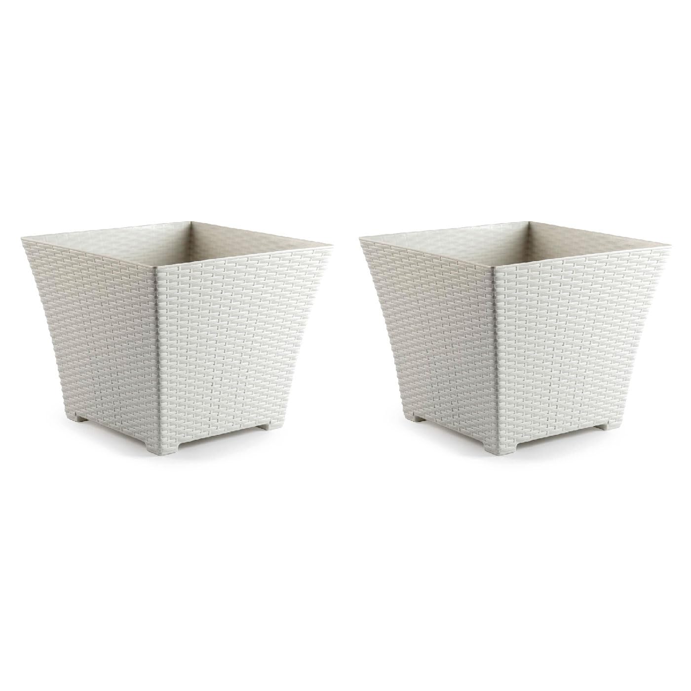 AC - Pack de 2 macetas Cuadrada - Fabricación en plástico – Diseño Rattan – Ideal como macetero, Tiesto, Recipiente para Plantas, Flores, balcón, terraza, jardín – 25 cm – Color Blanco Marfil