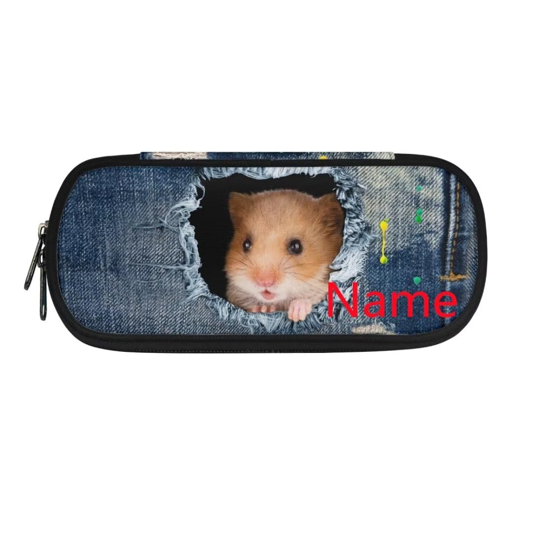 Jeiento Custom Pencil Case for Kids Storage Makeup Bag Add Your Child Name on Hamster Large Capacity Pencil Pouch with 3 Compartments