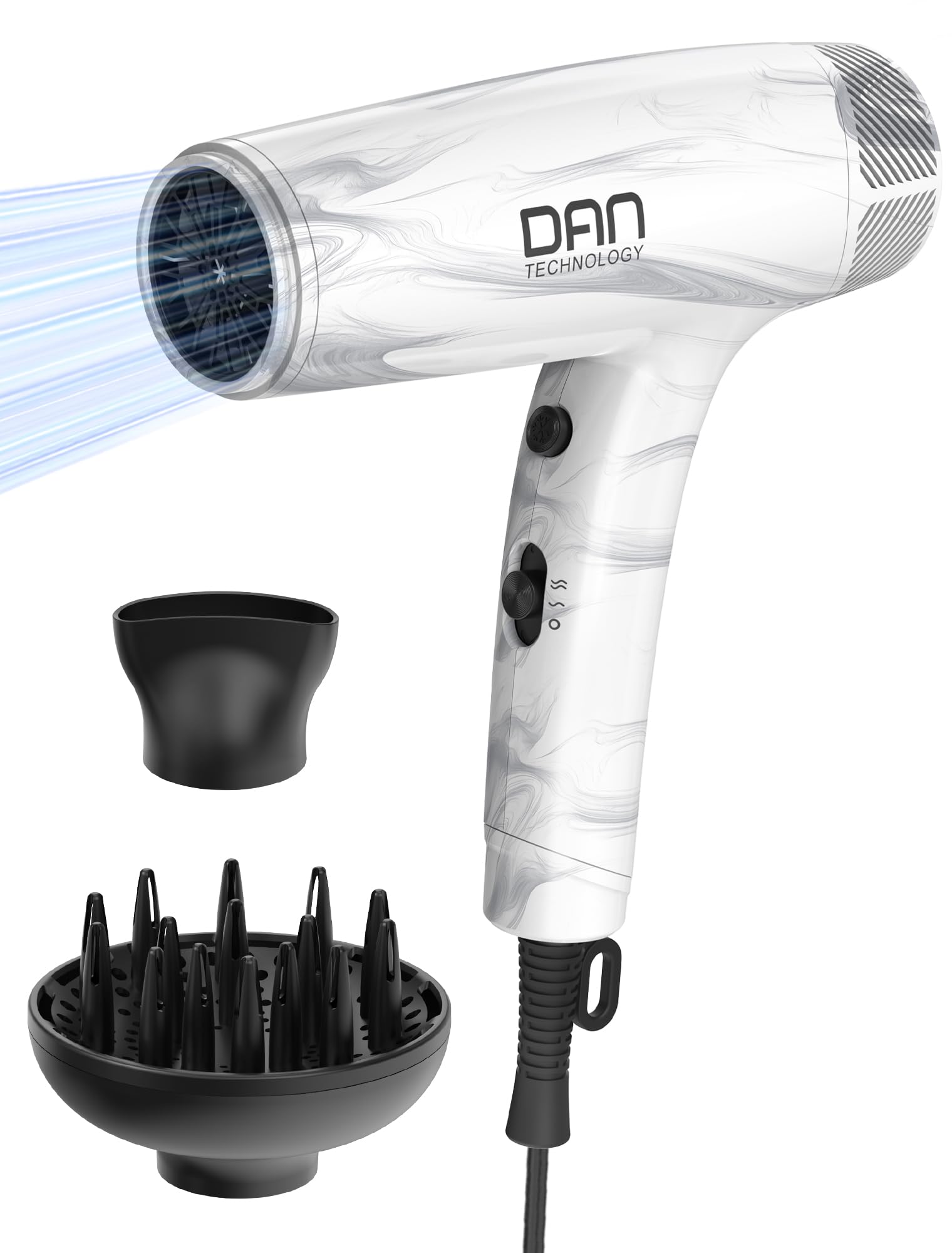 Hair Dryer with Diffuser, 1875W Blow Dryer for Women, 30,000 RPM Fast Drying Hair Dryer for Curly Hair, Lightweight Compact Hairdryer with Concentrator Nozzle, 2 Heat and 2 Speed, 120V Ink Wash