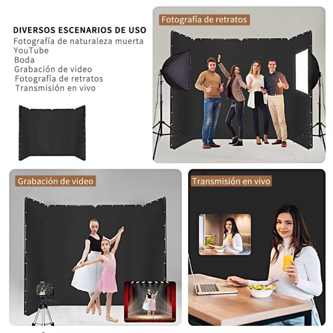 Telón de Fondo Fotográfico Negro de Gran 4m*2.4m, Portátil y Plegable, para Transmisiones en Vivo, Fotografía de Personas, Escenarios de Boda, Estudios de Video y Reuniones Online