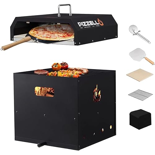 4-in-1 Outdoor Pizza Oven 16" Wood Fired Outside Oven 2-Layer Detachable Pizza Maker with Pizza Stone, Pizza Peel, Cover, Cooking Grill Grate, Pizzello Gusto