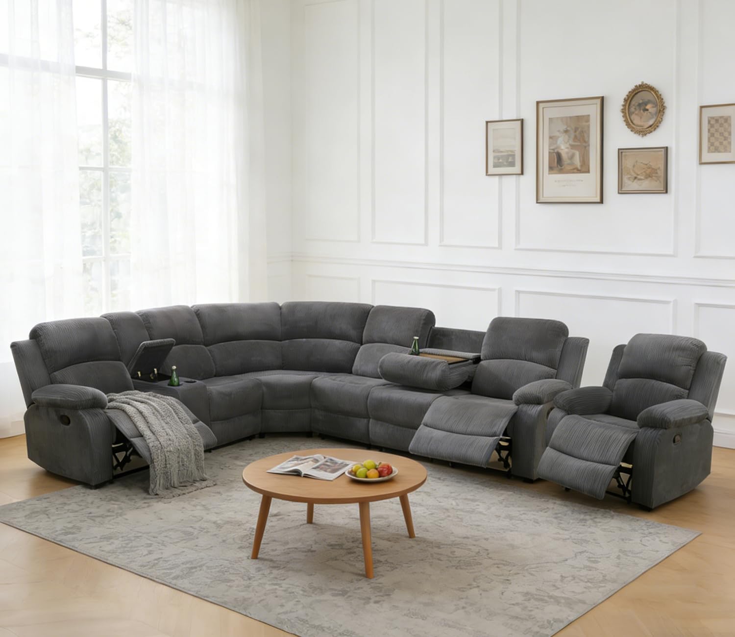 Fabric Recliner Sectional Sofa for Living Room Furniture Set, 7-Seat L-Shaped Corner Couch with Coffee Table/Storage/Cup Holders,Corduroy Reclining Sofa Set with 3 Reclining Seats(Gray)