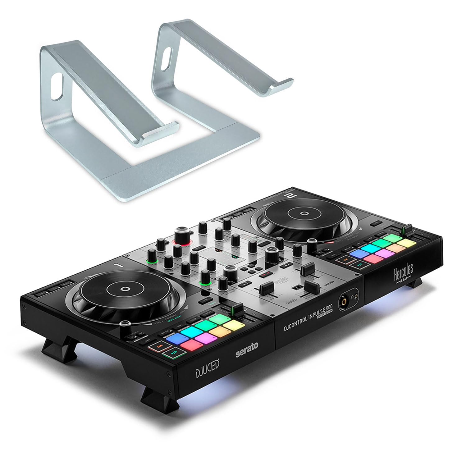Hercules DJControl Inpulse 500 - Controlador USB para DJ (2 cubiertas, edición plateada, con soporte keepdrum)