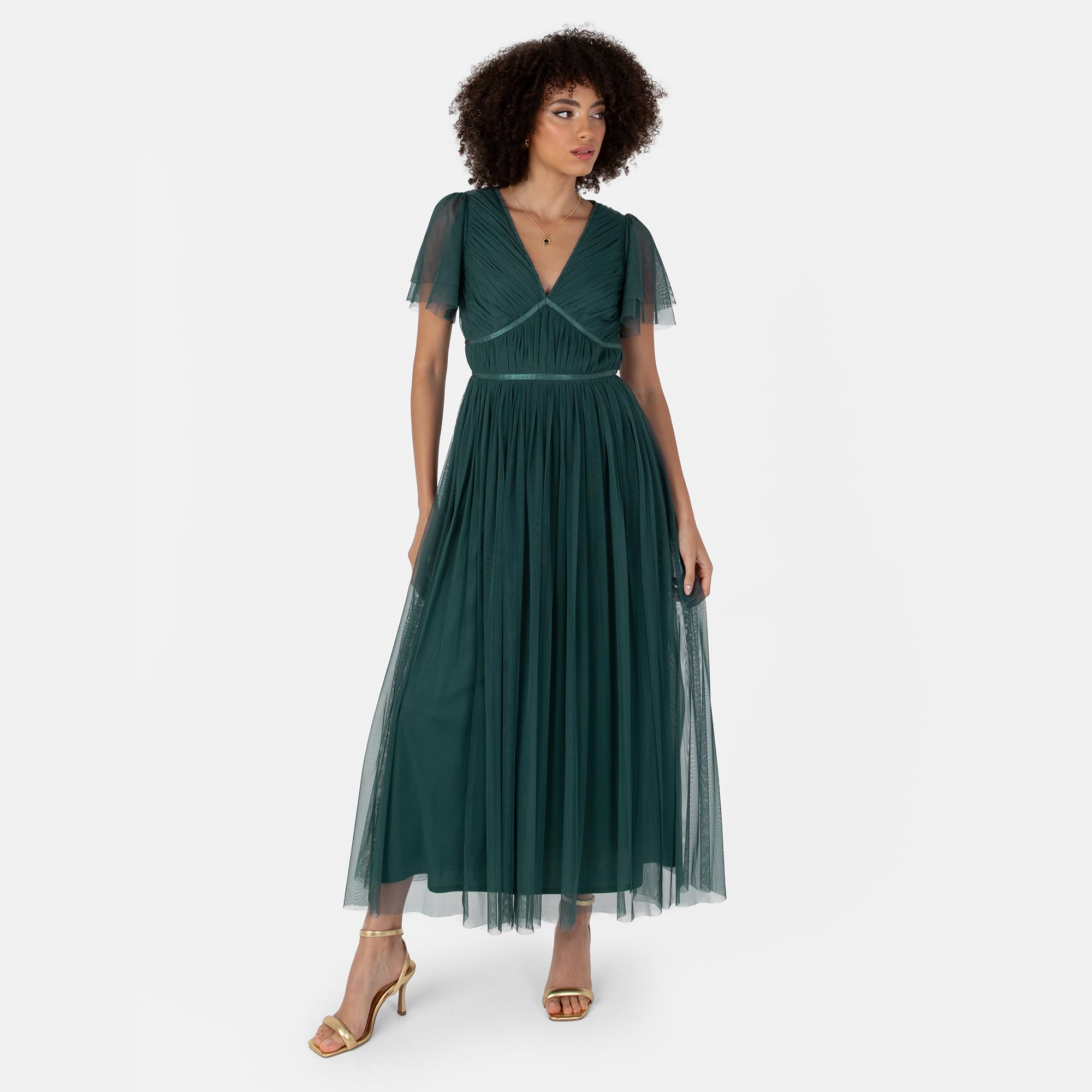 Anaya with Love Damen Women's Ladies Midaxi Dress V-Neck Short Flutter Sleeve Ribbon A-line Tulle for Bridesmaid Wedding Guest Prom Ball Gown Kleid (1er Pack)