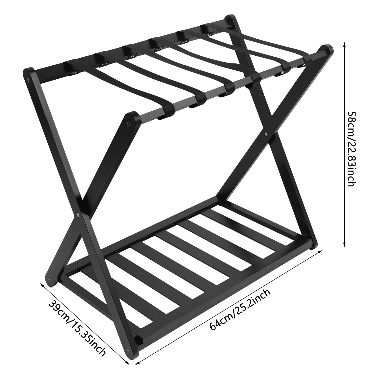 Foldable Luggage Rack for Guest Room, Set of 2 Bamboo Suitcase Stand with Shelf, X-shaped Luggage Holders for Hotel, Bedroom, Vacation Trips, Load 77.16-88.18 lbs (Black)