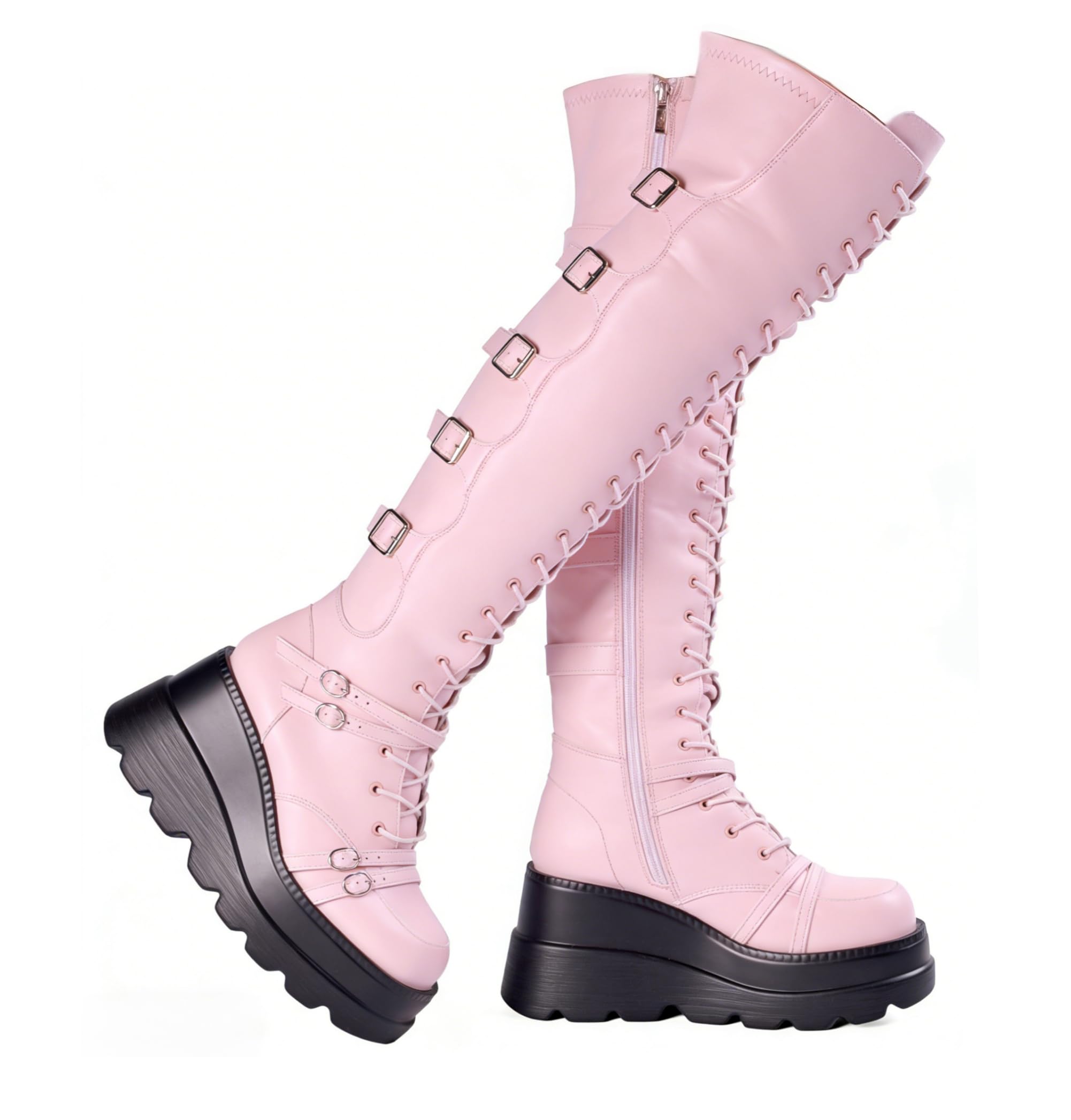 Gothniero Black Platform Boots Over Knee Thigh High Goth Boots for Women Chunky Heel Rave Motorcycle Boots with Buckles Side Zip Lace Boots Size5.5-10