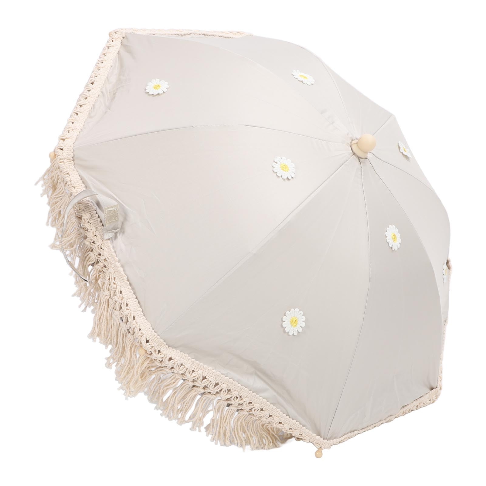 Sombrilla Portátil Compacta para Cochecito de bebé con Fuerte Resistencia Al Viento, Diseño de Borla Moderno, Material de Tela Oxford para Sombrilla Al Aire Libre (Beige con