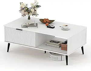 Coffee Table with Storage, Wooden Coffee Tables with Sliding Door and Solid Wood Legs, 2-Tier Cocktail Table, Mid Century Modern Coffee Table for Living Room, Home, Office, Farmhouse, White
