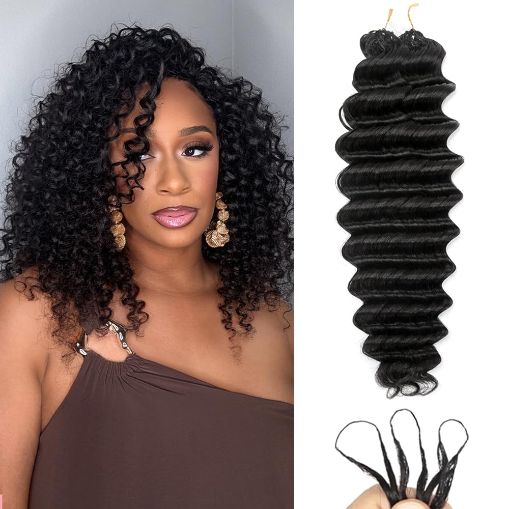 YGWIGS Human Crochet Hair for Black Women 120g(100 strands) Pre Separated Water Deep Wave Feather Crochet Human Hair Extensions Invisible Miracle Knots Crochet Human Hair Bundles 18inch Natural Black