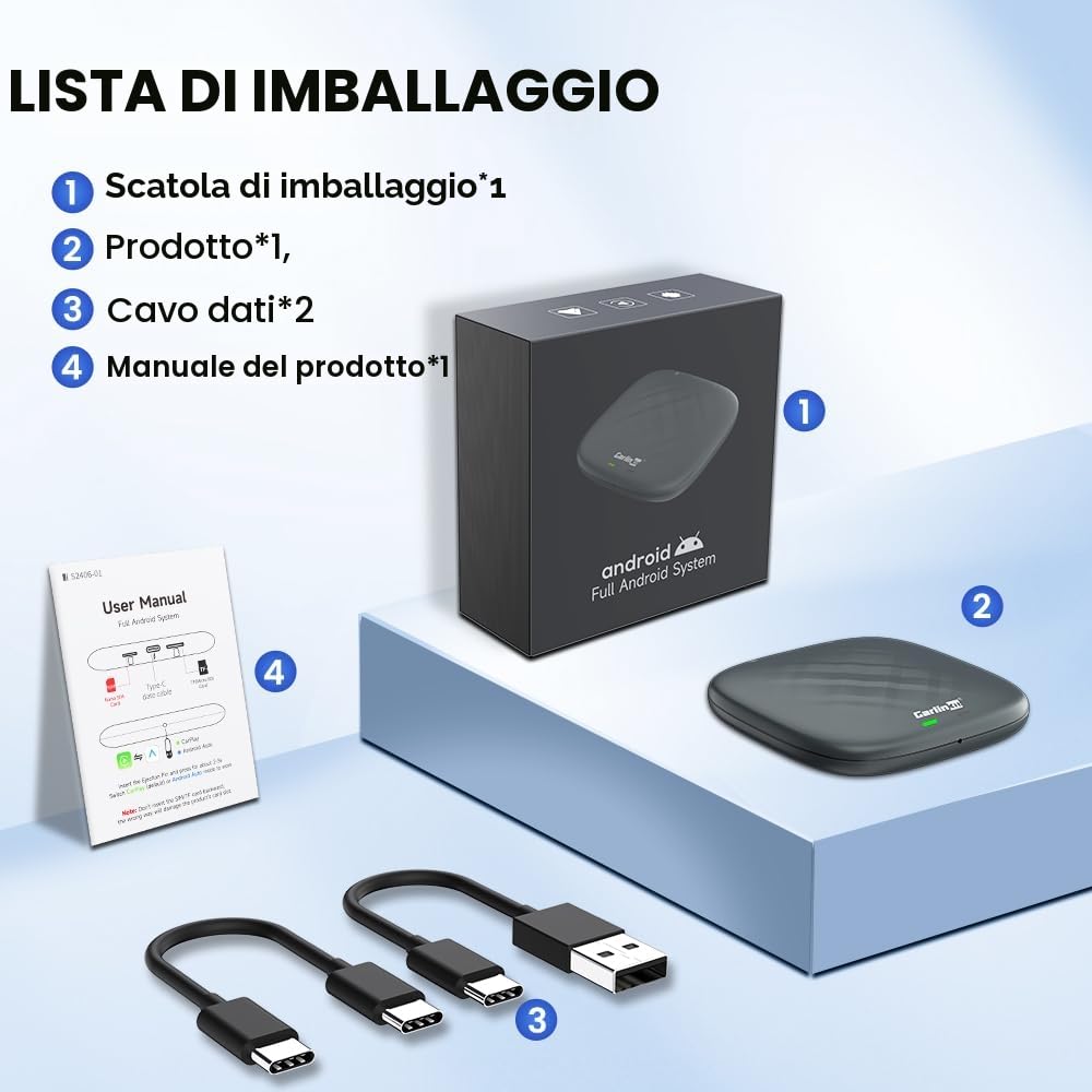 CarlinKit 2026 Wireless CarPlay & Android Auto Android 13.0 AiBox Adattatore, per auto con CarPlay cablato, sistema integrato 4+64GB con GPS, processore octa-core