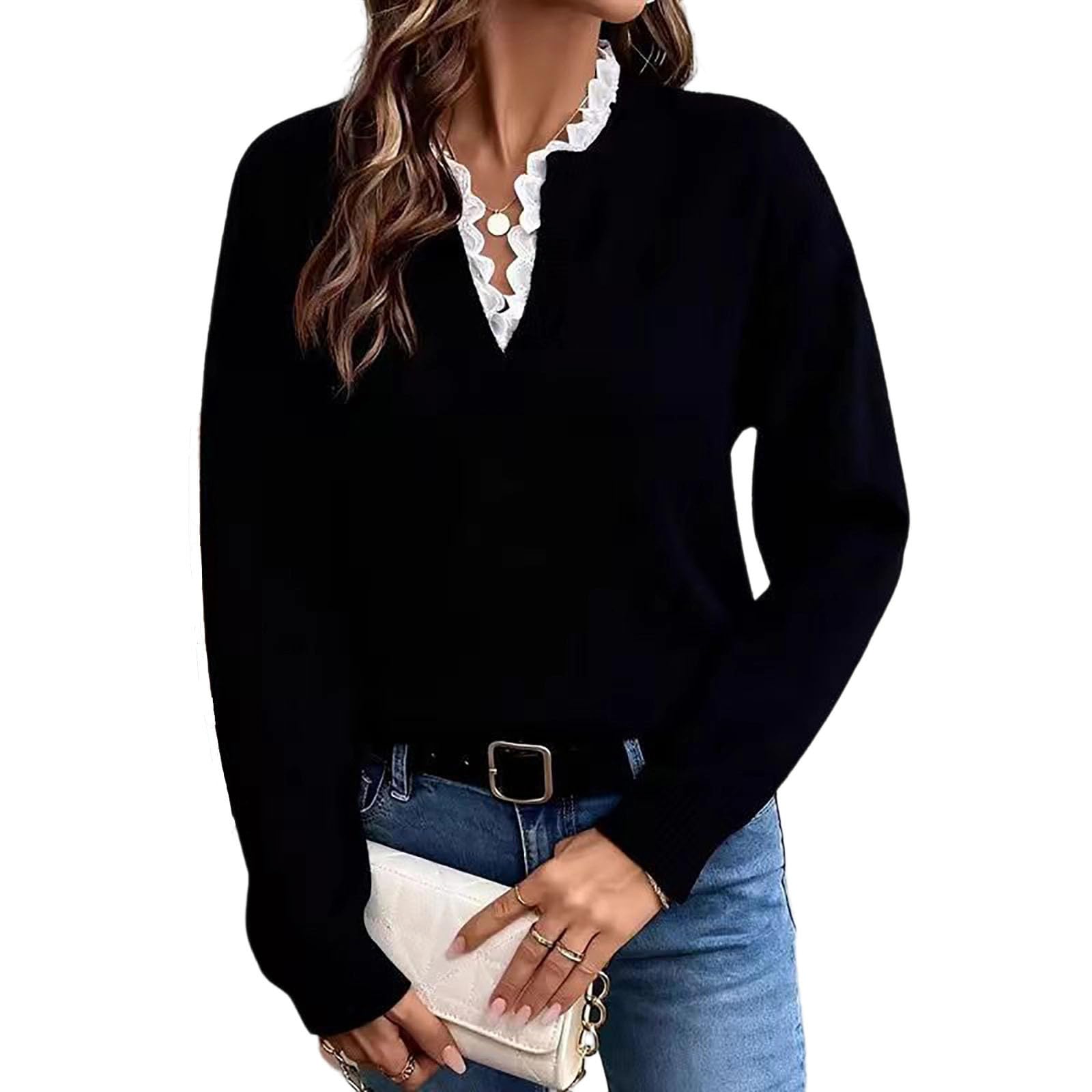 Womens Lace Trim V Neck Sweater Long Sleeve Knit Tops Fall Winter Casual Pullover Sweaters Solid Business Work