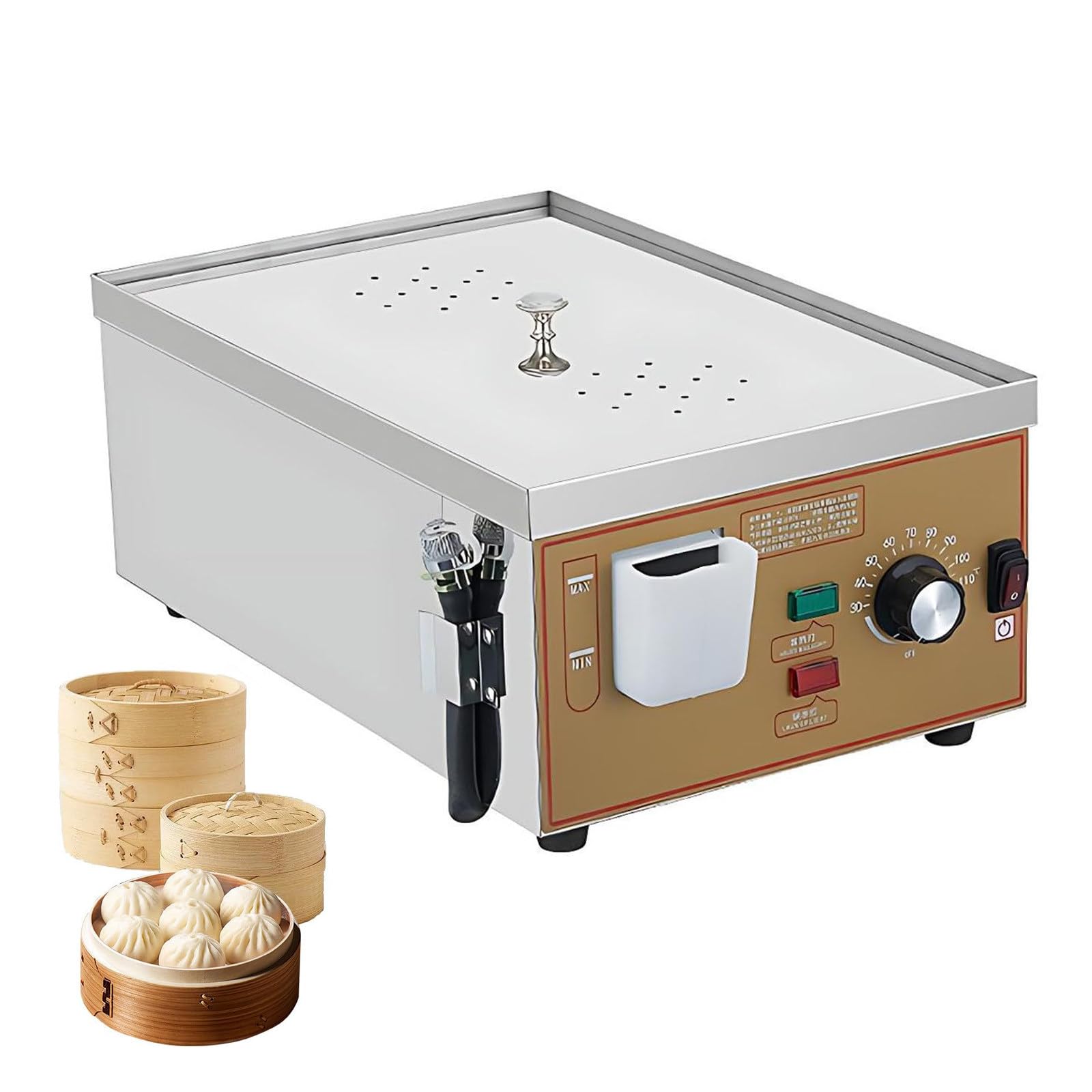 Vaporera Eléctrica Comercial para Dim Sum, Máquina para Panes al Vapor de 2/4/6 Agujeros, Temperatura 30~110 °C, Alarma de Hervido en Seco/Escasez de Agua y Suministro de Agua Independiente 2Hole