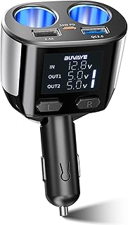 Cigarette Lighter Adapter with XL-LED Screen, BUVAYE Dual Car Charger Adapter PD30W QC3.0 Fast Charging, 12/24V Cigarette Lighter Splitter 2 Sockets with Separate Switch for Phone GPS Dashcams