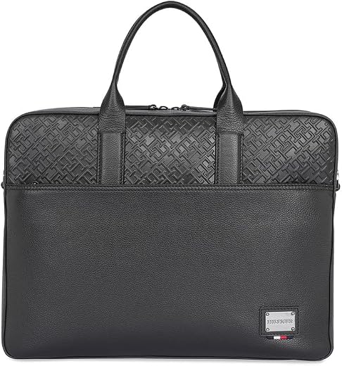 TOMMY HILFIGER Genuine Leather Office Bag for Men, Black, KENNINGTON