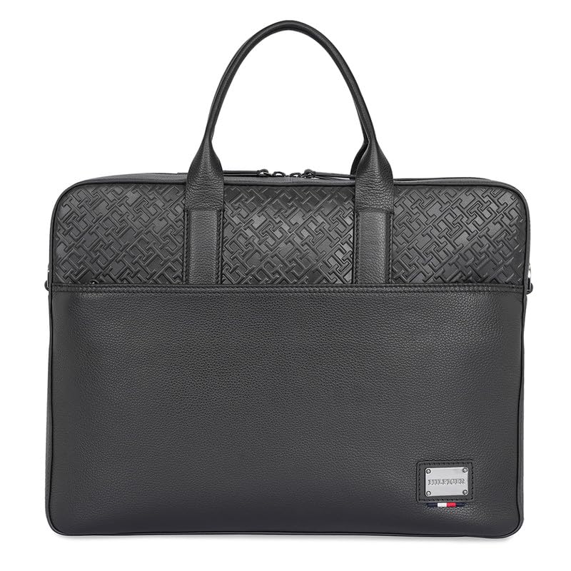 TOMMY HILFIGER Genuine Leather Office Bag for Men, Black, KENNINGTON