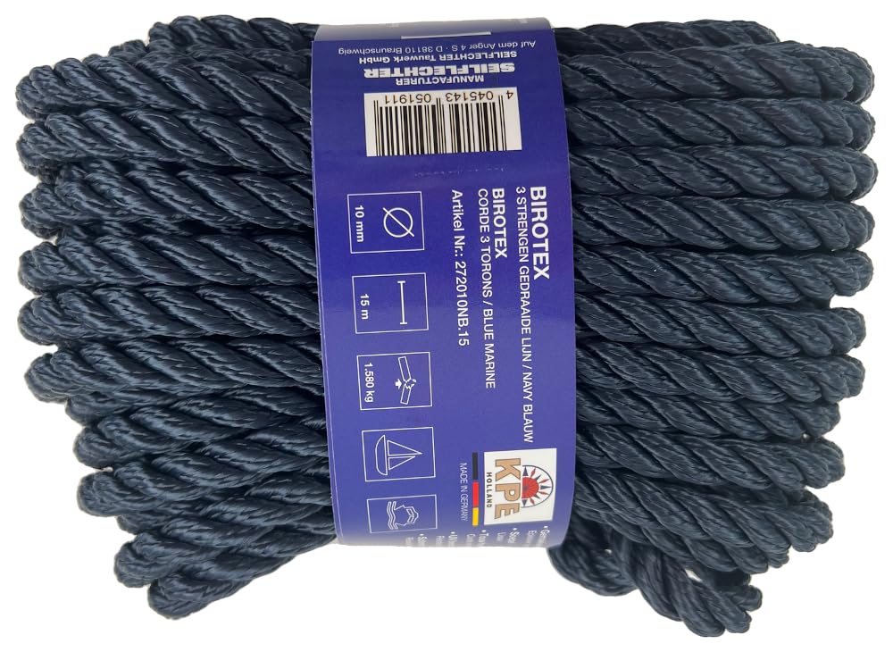 Seilflechter Birotex - Fune da 15 m, diametro 12 mm, blu navy, 3 aste intrecciate, sensazione al tatto di canapa e resistente alle intemperie, ideale come corda da ormeggio, imbarcazioni o corda