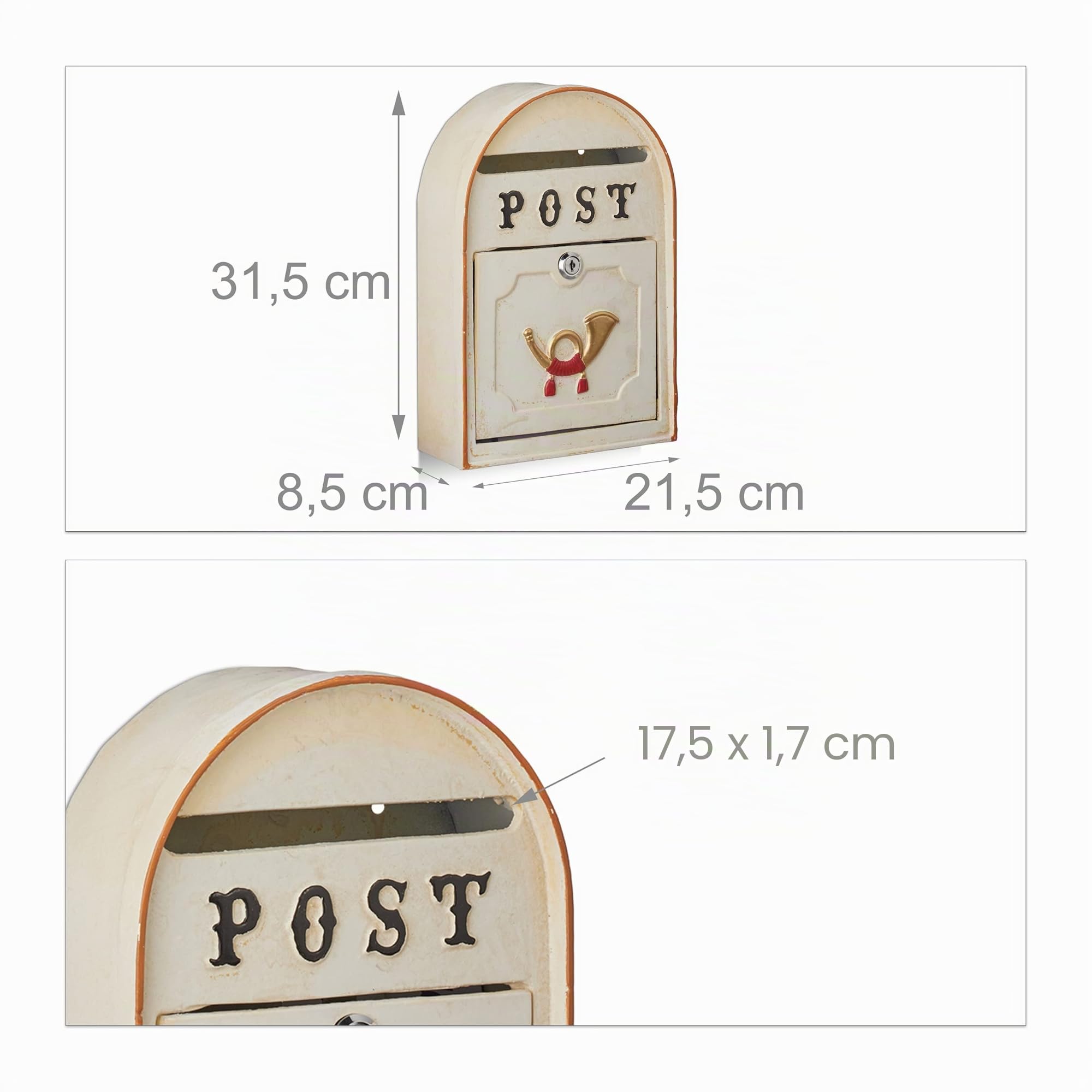 Relaxdays Buzón Exterior Vintage, de Pared, Cerradura en Diseño Antiguo, Estilo Western, Metal, 30 x 20 x 8 cm, Beige