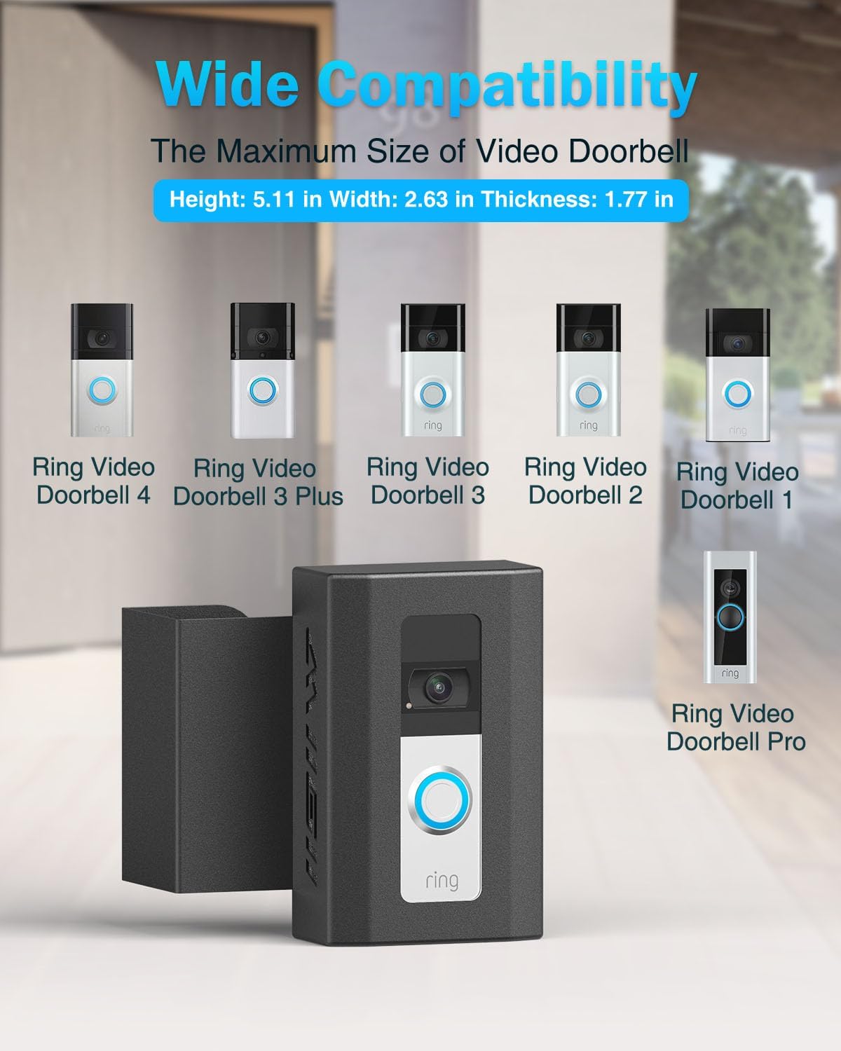 MIIGII Anti-Theft Doorbell Mount for Ring Doorbell 4/ 3/ 2/ 1, No Drill Adjustable Video Doorbell Cover Holder for Home Apartment Office Room, Waterproof Stainless Metal Made, Black Matte Black