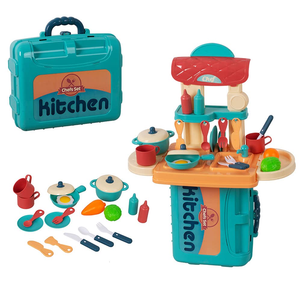 Kitchen Playset Little Chef 3-in-1 Suitcase Kitchen Set for Children Kids Play Kitchen with Toy Pots Pans Dishes Foods Pretend Play Other Accessories Set for Girls Boys Toddlers (Green)