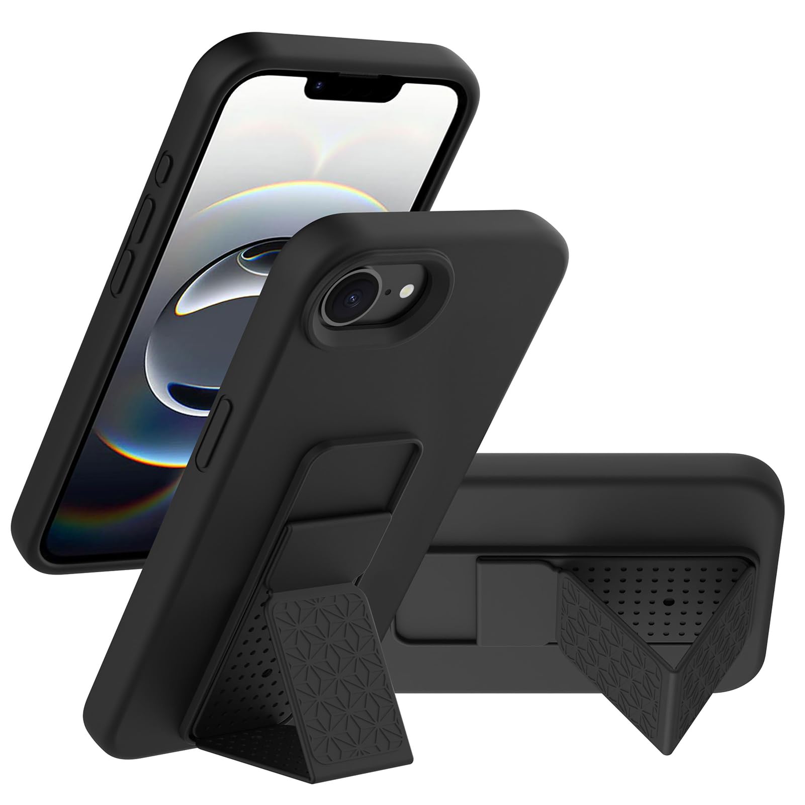 LAUDTEC - Funda de silicona compatible con iPhone 16E, soporte vertical y horizontal, correa de mano de metal, funda flexible de silicona líquida suave para iPhone 16E (negro)