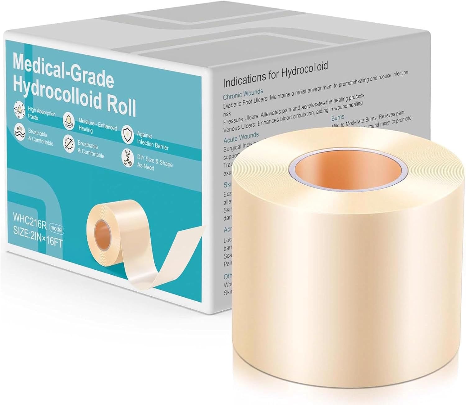 Hydrocolloid Roll for Wound Care-Highly Absorbent Wound Dressing, Flexible & Breathable, Essential for First Aid Kits, Customizable Size for Bed Sores, Surgical Incisions, Abrasions (2in*16ft)