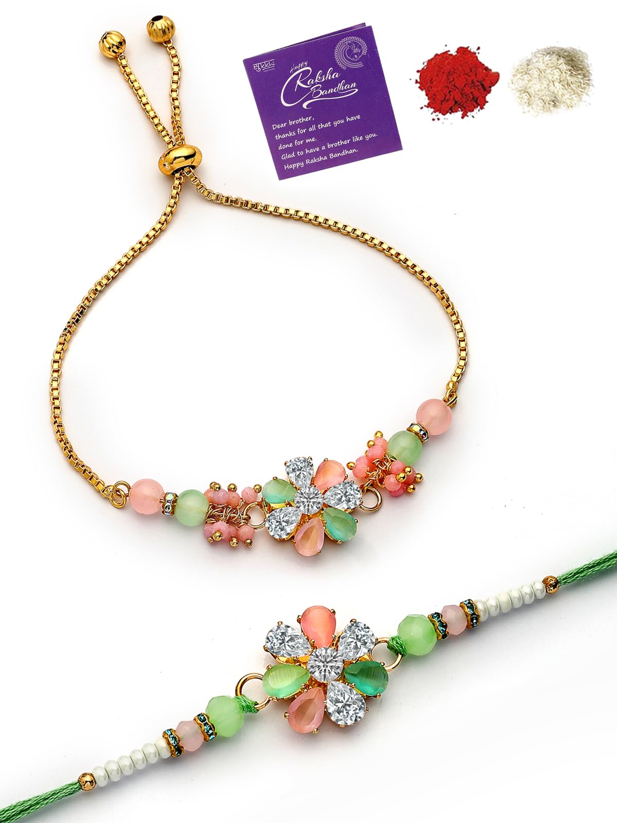Sukkhi Rakhi Most Beautiful Floral with Gold Plated Rakshabandhan Combo Lumba Rakhi for Bhiaya Bhabhi Brother with Roli Chawal & Greeting Card|Set of 2