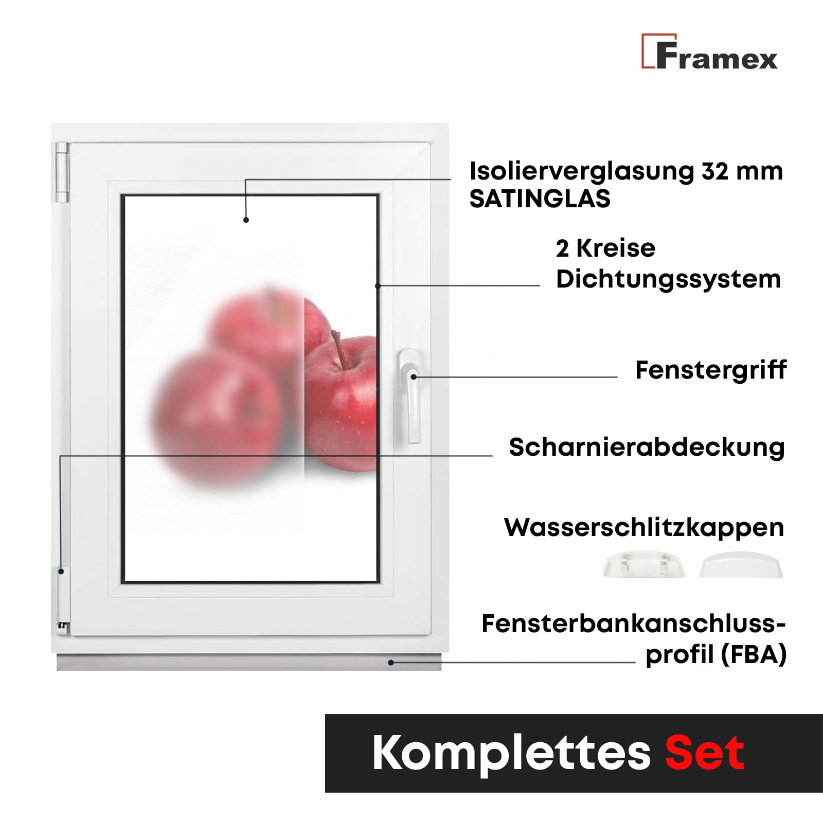 Badezimmerfenster Weiß 2-fach Milchglas 65 x 100 cm DIN Links, Kellerfenster Kunststofffenster PVC Satinato 650 x 1000 mm 32 mm Dreh-Kipp (Griff Rechts)