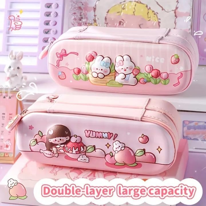 Image of DEOXY Premium 3D Double Layer Pencil Case Eva Large Capacity Zipper Pouch Bag Compass School Organizer Students Kids Stylish Pen Holder Stationery Box (Rabbit)