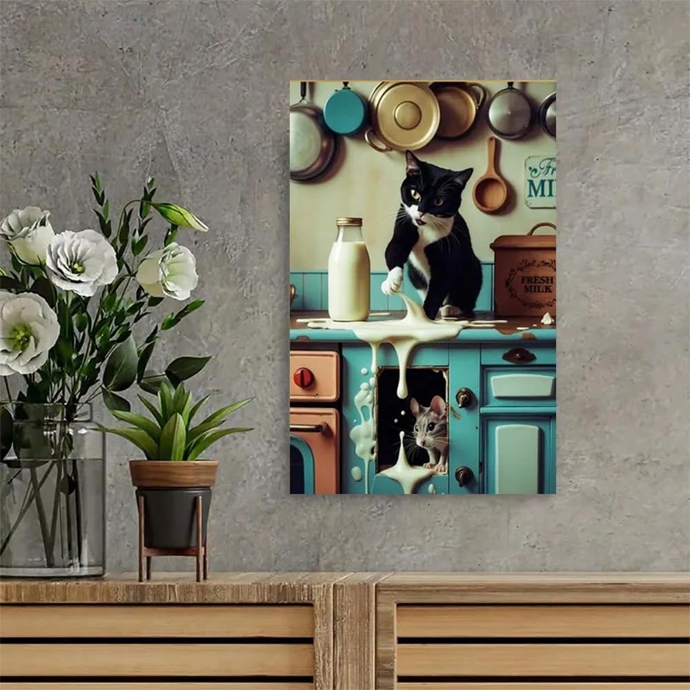 PBDTRUA Divertente quadro da parete per cucina con gatto e topo, stampa su tela con latte rovesciato e spiritosa, decorazione murale divertente per la cucina (40x50 cm/con cornice)