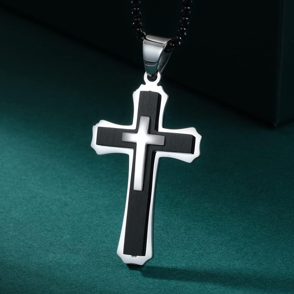 Large Cross Necklace for Men, Stailess Steel Silver Black Gold Cross Triple Layer Big Cross Pendant Unisex Faith Jewelry Gift for Prayer 28 Inches Box Chain image 3