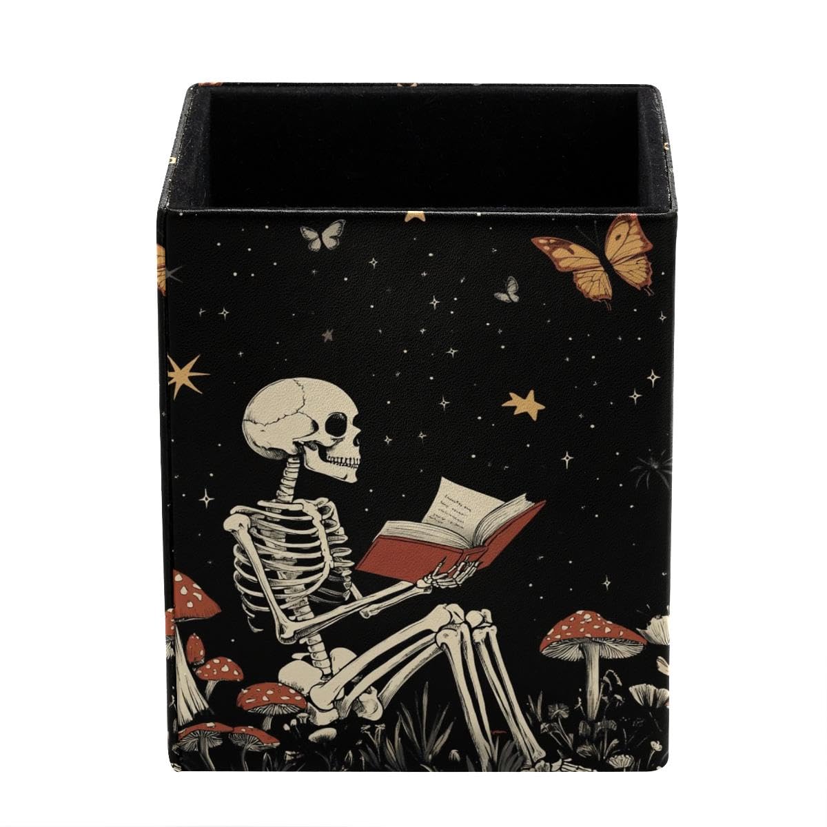 HEOEH Skeleton Reading Pen Holder Pen Pot, Square Pencil Cup for Desk