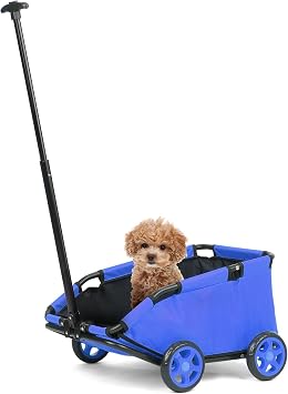 Dog Stroller 4 Wheels Folding Dog Cart Pet Stroller for Travelling Shopping Walking Playing for Small Dogs Cats, Up to 13.2lbs, Zipperless Entry, Easy One-Hand Fold, Jogging Tires (Blue)