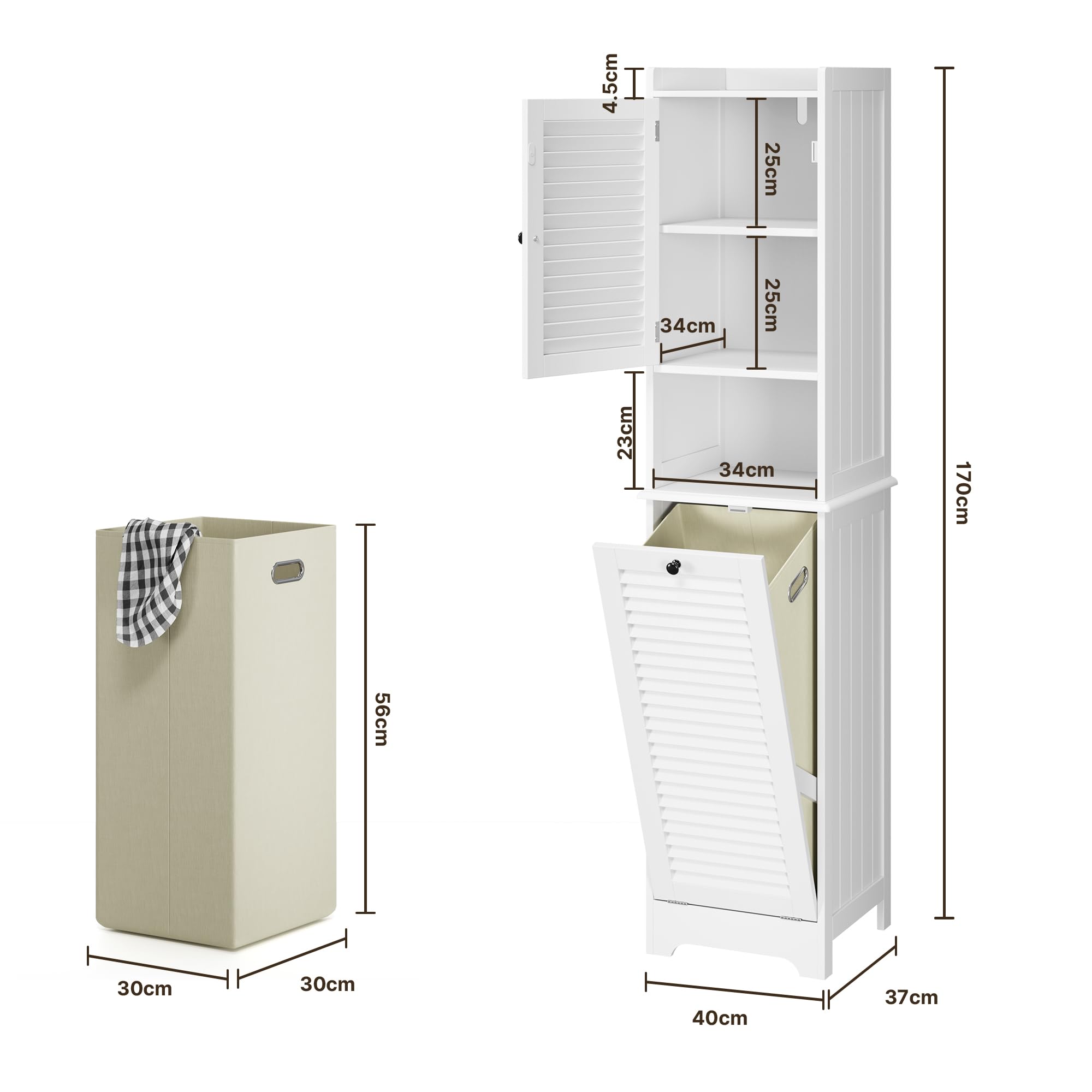Xbro Meuble Salle de Bain avec Panier à Linge Amovible, Armoire Haute Salle de Bain avec Portes à Lamelles, Étagère Réglable, Dispositif Anti-basculement, MDF,Blanc, 170 x 40 x 37 cm