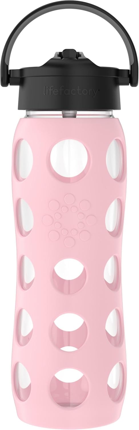 Lifefactory 22-Ounce Glass Water Bottle with Pivot Straw Cap and Protective Silicone Sleeve, Desert Rose