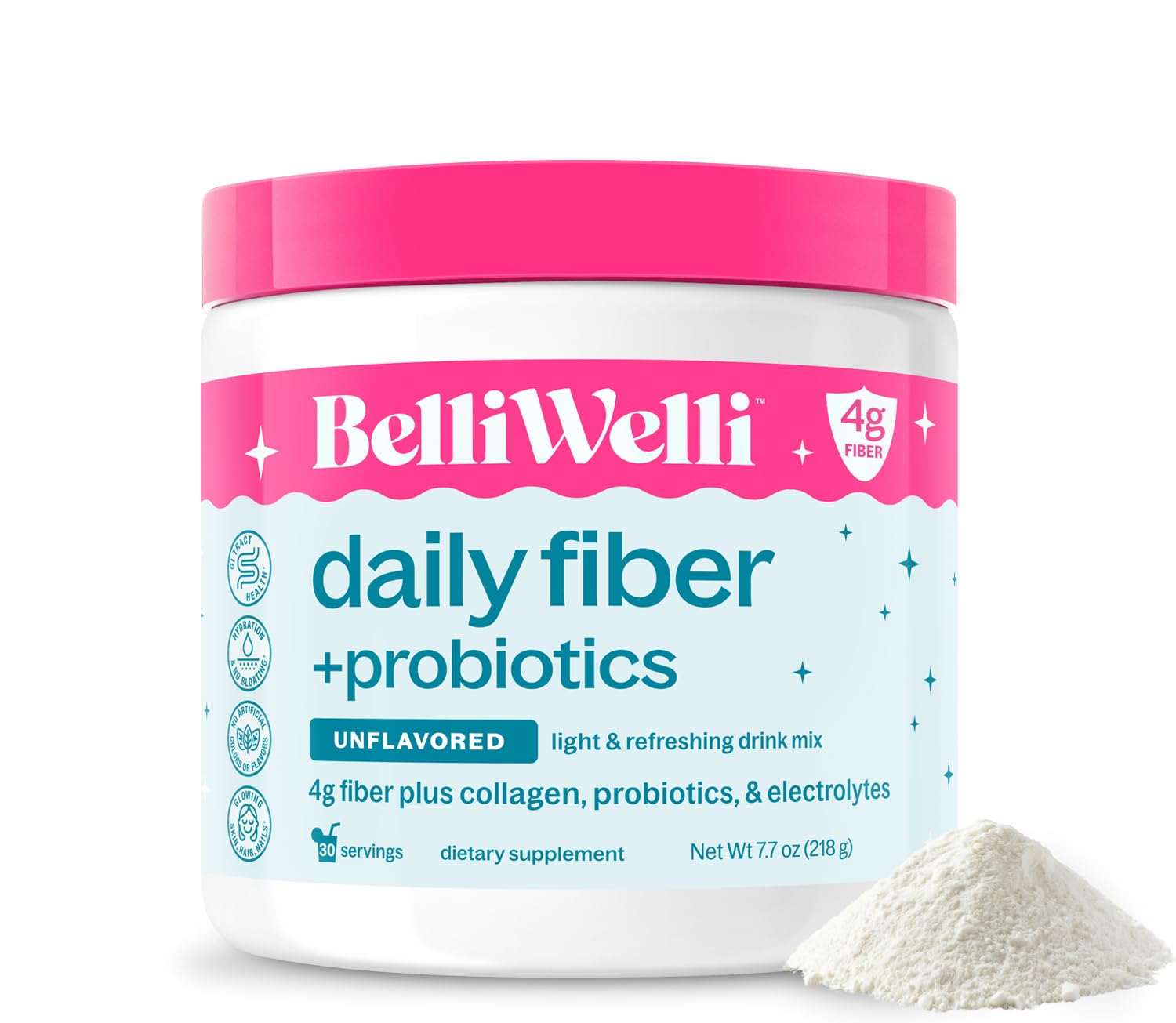 Belli Welli Unflavored Daily Fiber Supplement Powder with Collagen, Probiotics & Electrolytes | Supports Digestive Health, Gut Balance & Debloating, Sugar Free | 30 Servings