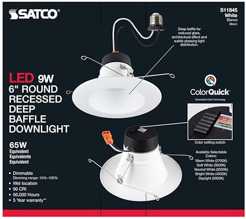 Miniatura 7 de Satco 9W CCT-Baffle profundo empotrable LED Downlight 4.29 pulgadas de alto y 7.2 pulgadas de ancho