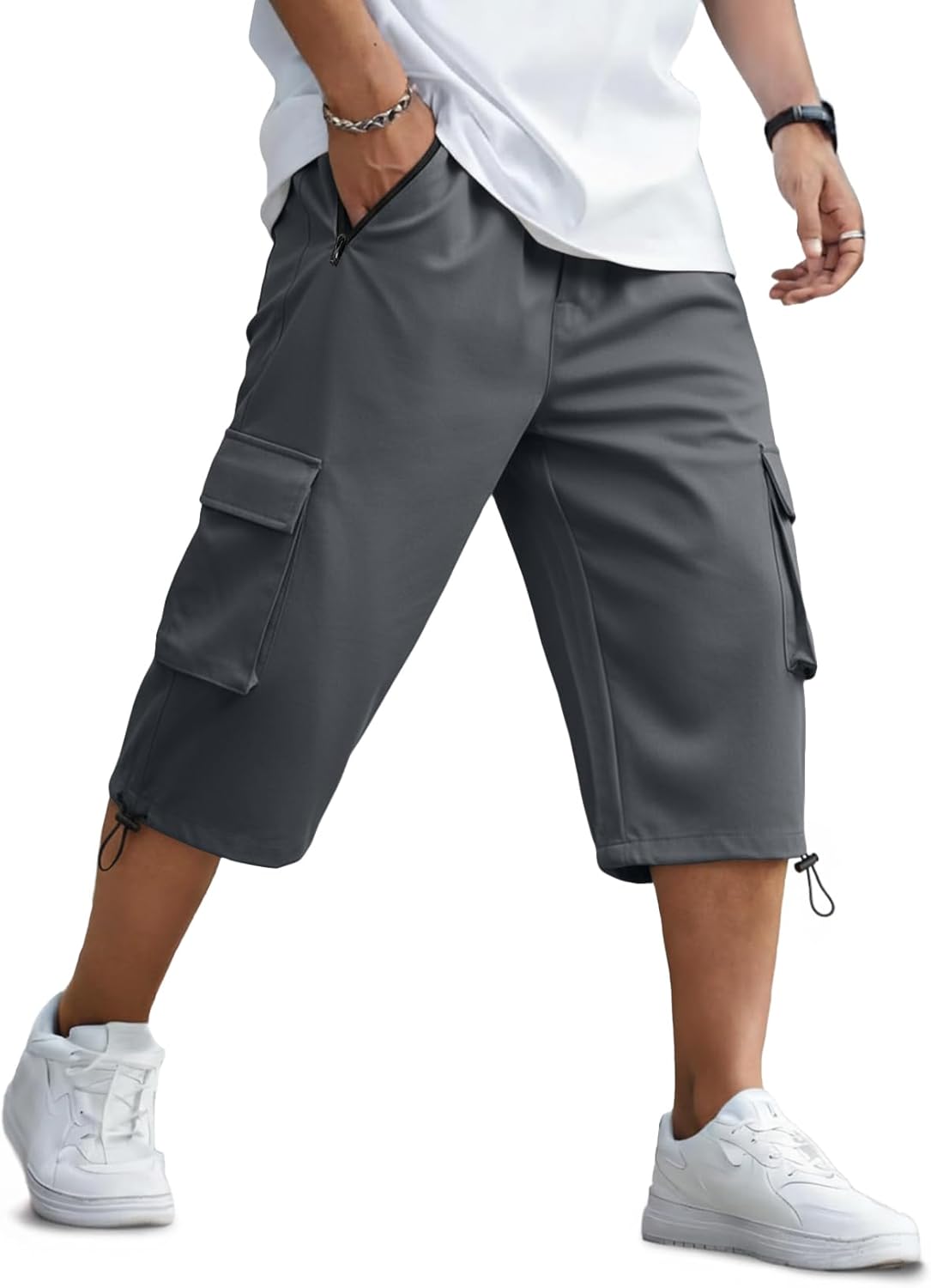 JMIERR Men's 3/4 Length Cargo Shorts Elastic Waist Capri Pants with Zipper Pockets