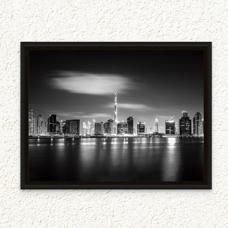 Art Decor Framed Canvas Wall Art of Burj Khalifa Dubai Landscape Black and White Skyline Print Wall Decor for Office Living Room Gifting 100x75cm