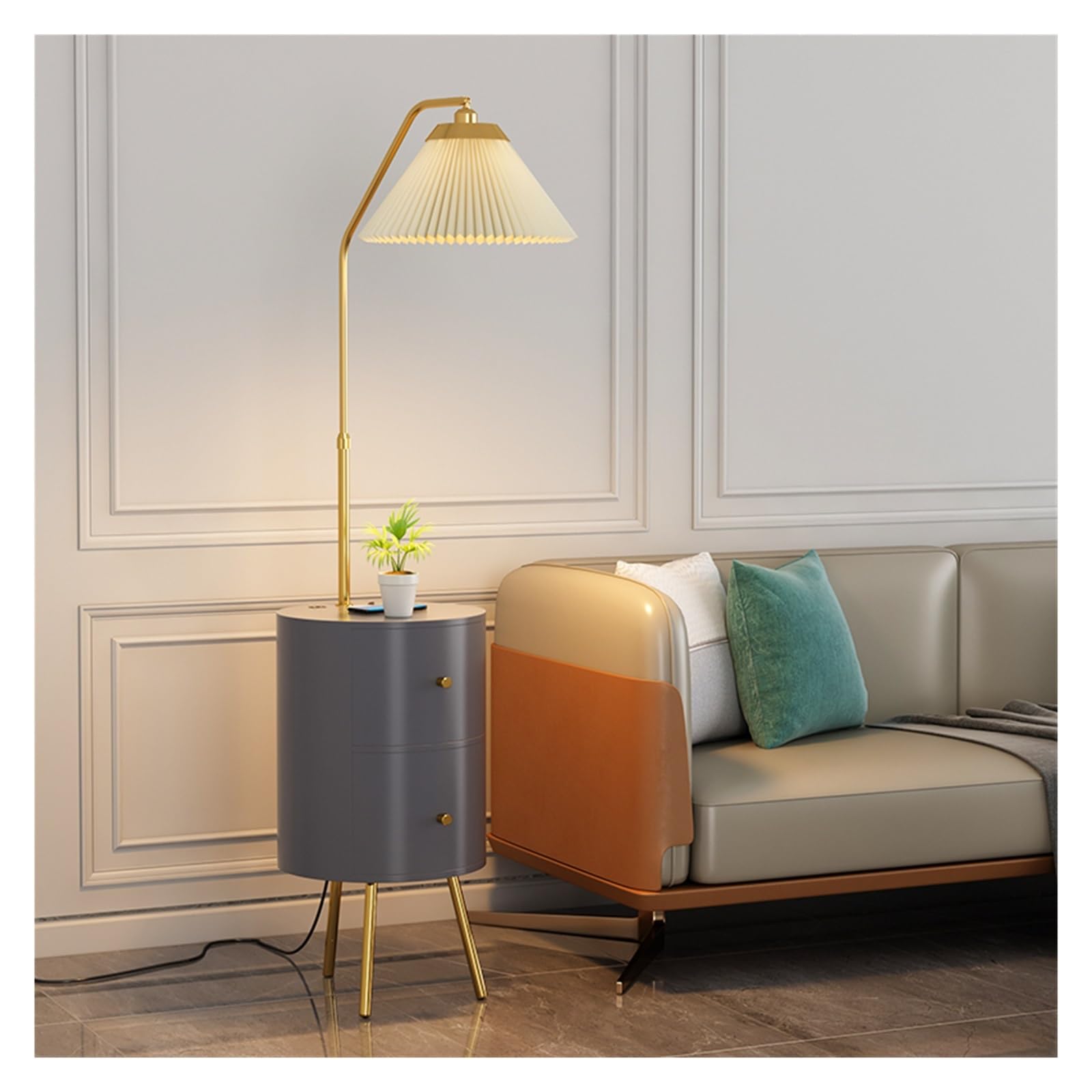 LJHFG63KUYT Standing Lamps Round Smart led nightstand with lamp & Wireless Charging Station 3-Color LED Bulb,Modern Bedside Table with 2 Wood Drawers Decorate(Gris)