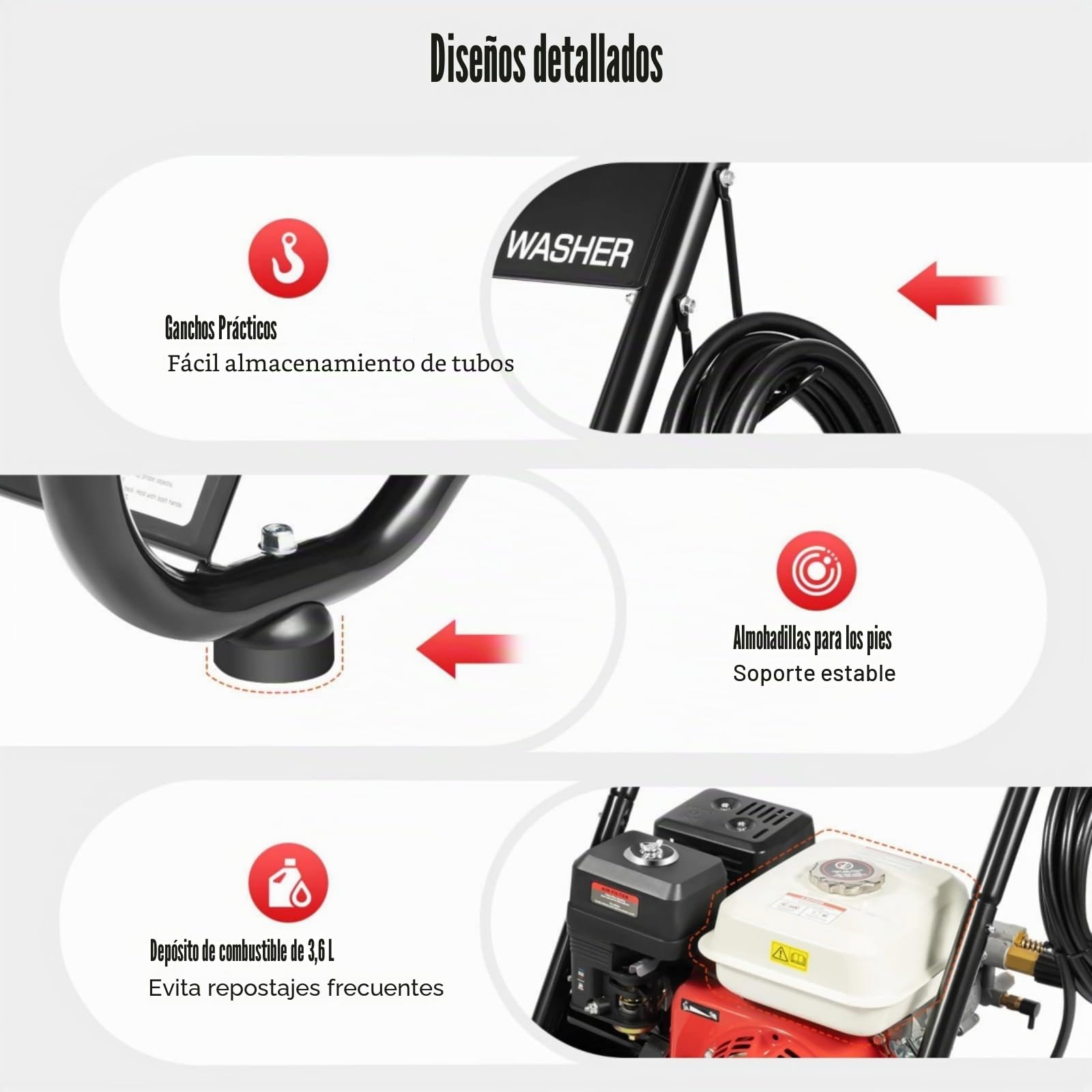 Limpiador de Alta Presión de Gasolina de 7,5 CV con Lanza de Alta Presión + 5 Boquillas + Kit de Manguera de 10m, Kit Profesional de Lavado a Presión Adecuado para Terrazas, Coches y Jardines