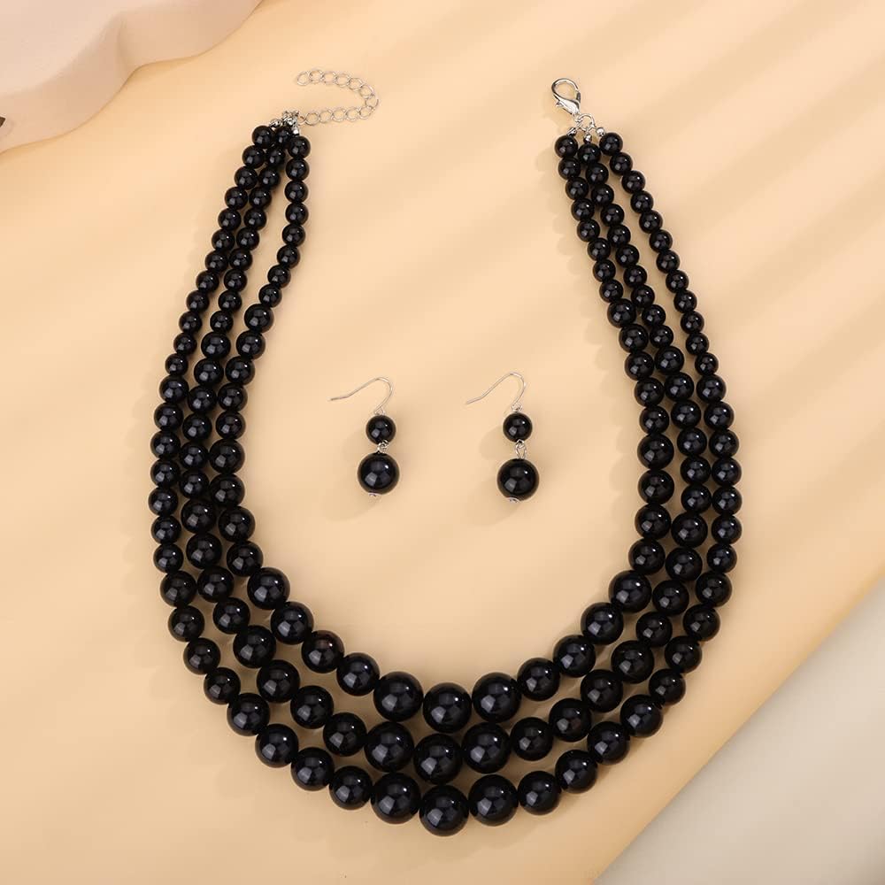 Octwine Dainty Three Multi Layer Imitation Pearl Statement Necklace Faux Pearl Earrings Bridal Wedding Punk Stylish Collar Choker Necklace for Women