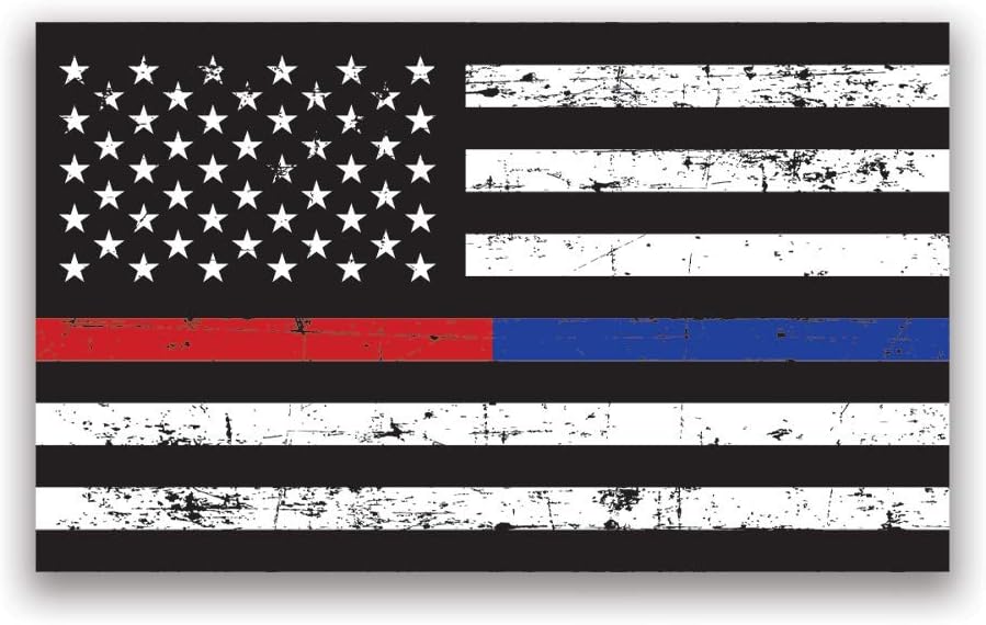 Thin Red Blue Line Flag Firefighter Law Enforcement Vinyl Decal Sticker | 2-Pack | 5-Inches by 3-Inches | Premium Quality Vinyl | UV Resistant Laminate | PD905