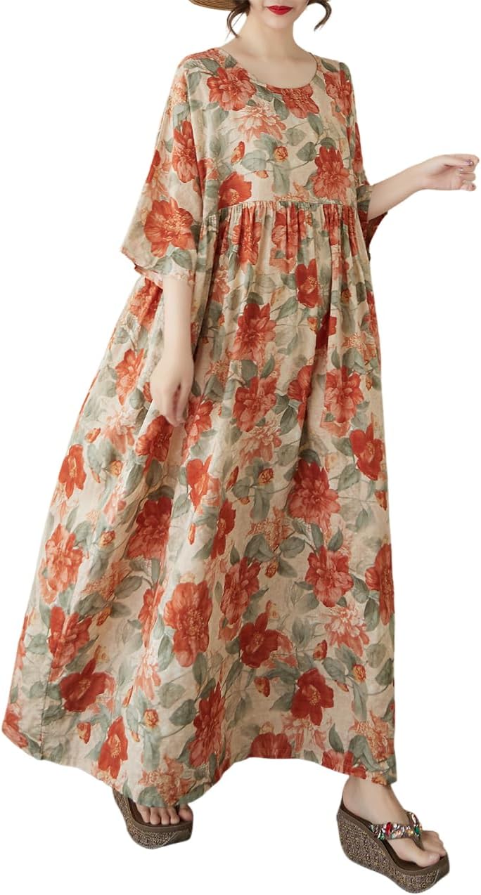 Women Plus Size Casual Dresses Floral Printed O Neck Short Sleeves Summer Oversized Dresses Boho Loose Fitting Wear