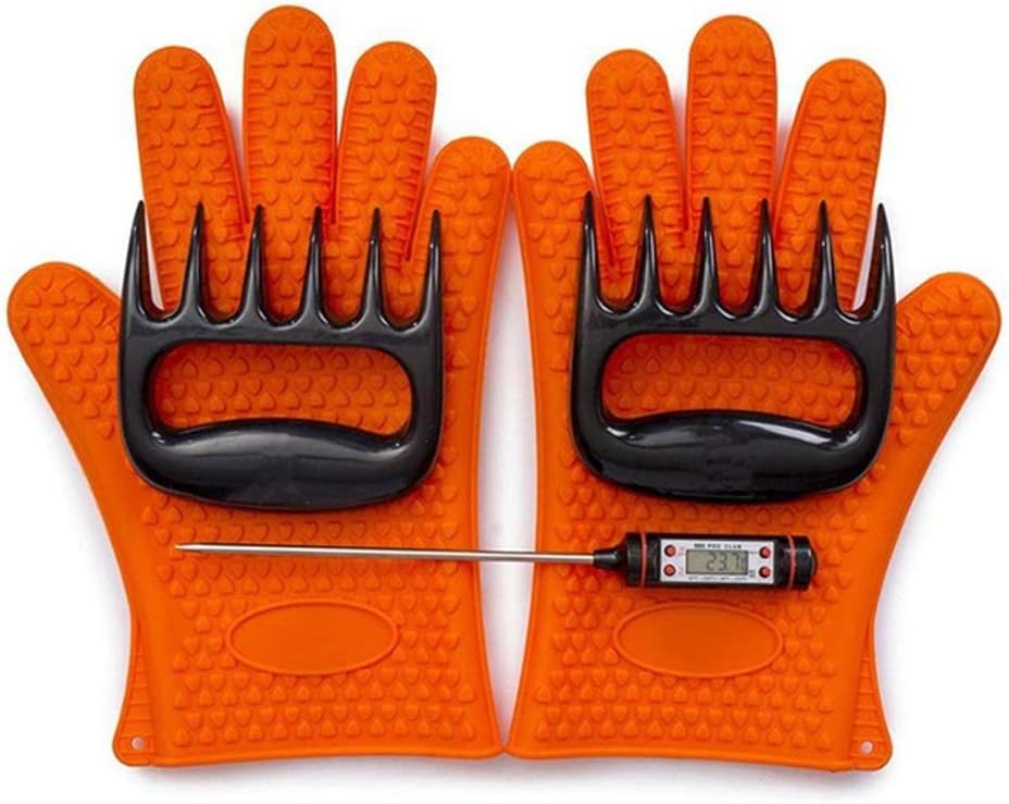 5 Pieces BBQ Tools Tongs Brush Thermometer Claws Gloves Barbecue Grilling Utensil Camping Outdoor Cooking Tool Set