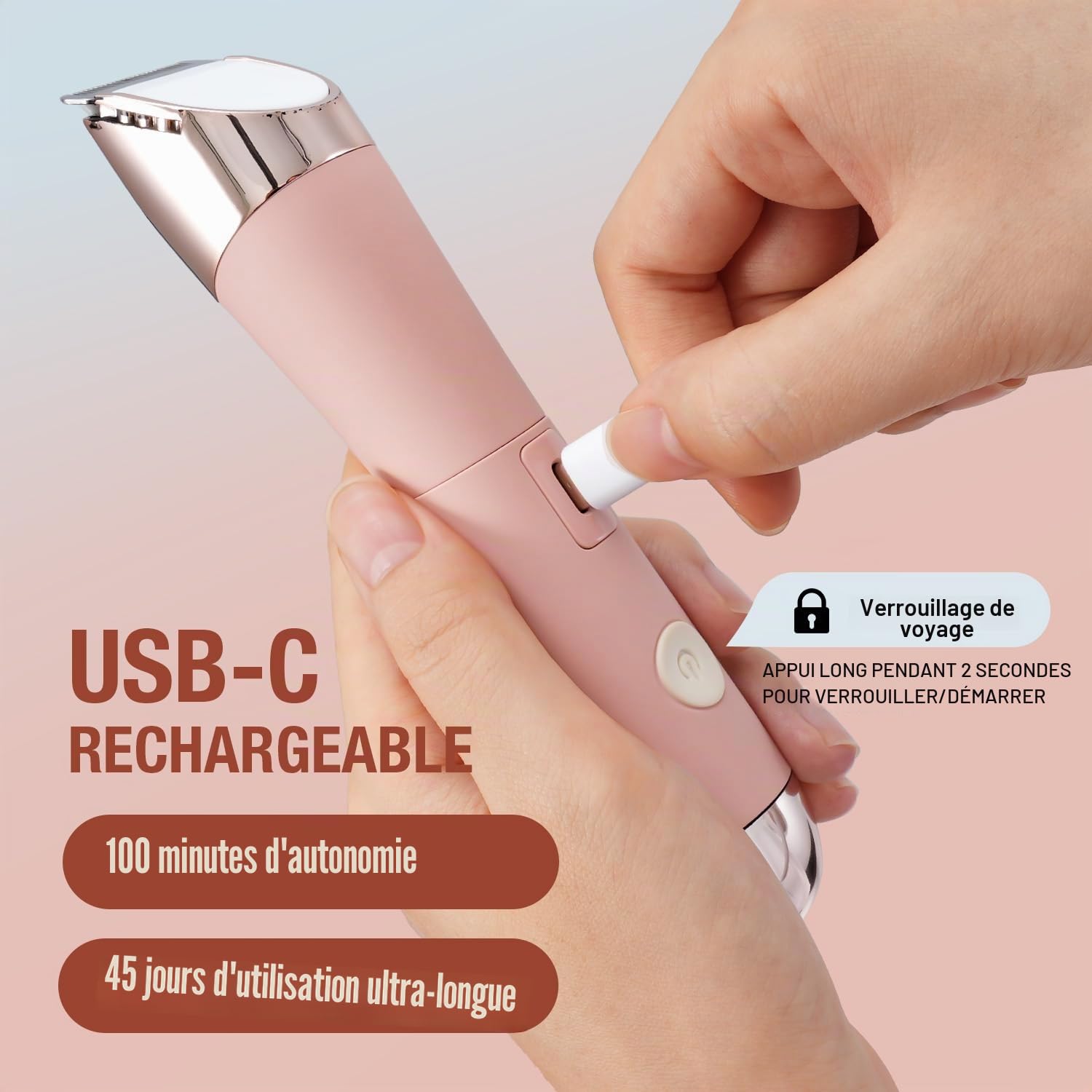 SUPRENT Tondeuse de bikini pour femme - Épilation indolore imperméable humide et sèche - Rasoir 2 en 1 pour poils pubiens et poils du visage - Rasoir électrique sans fil avec USB-C rechargeable - Rose