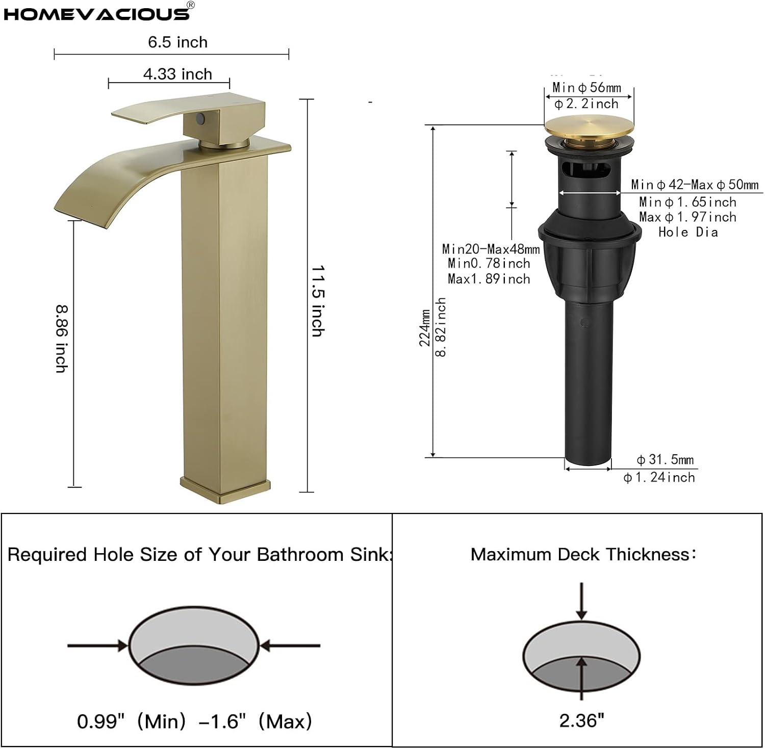 Homevacious Vessel Sink Faucet Tall Modern Waterfall Bathroom Faucet Single Handle 1 Hole Bowl Lavatory Vanity Rv Camper Farmhouse Sink Faucet with Pop-Up Drain and 2 Supply Hoses - Brushed Gold