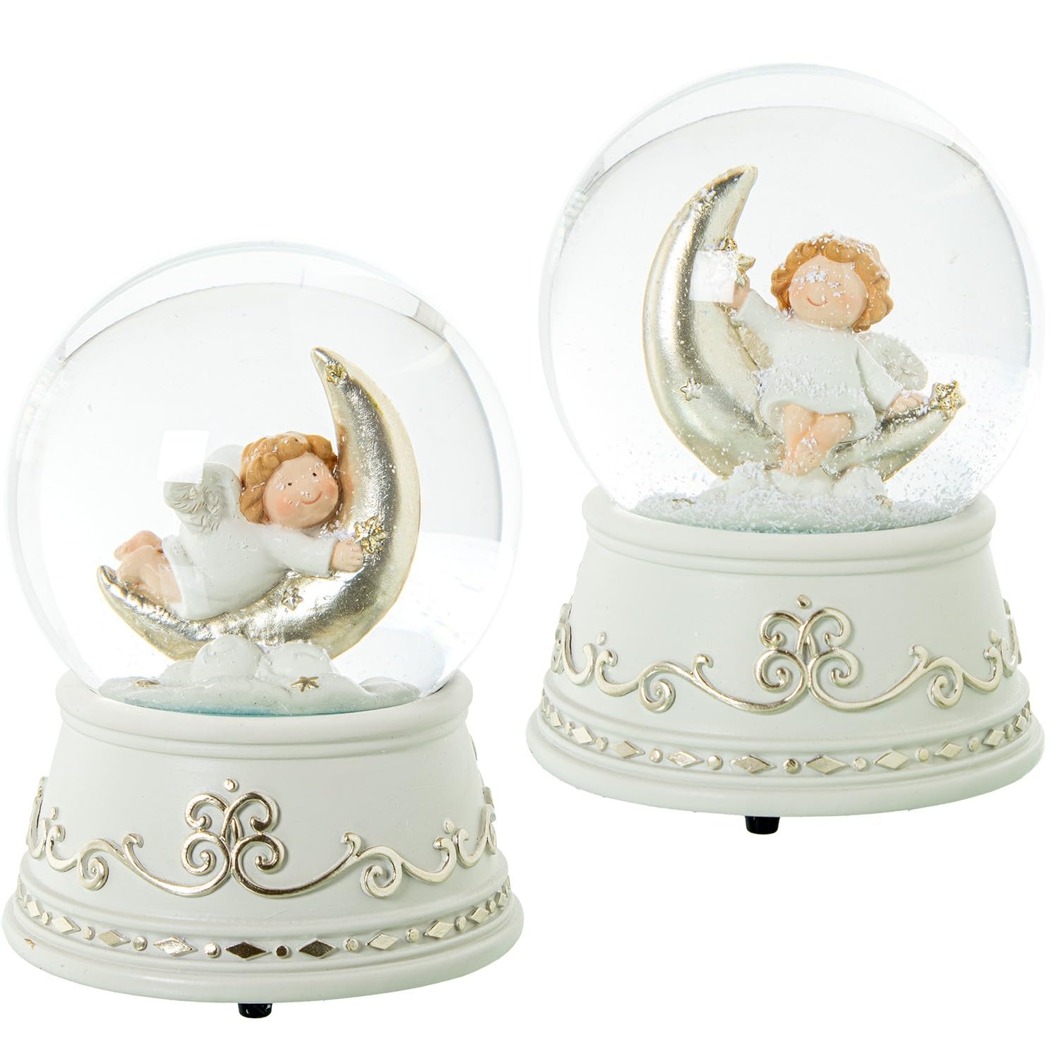 Set de 2 Bolas de Nieve con Figura de Angel en Luna Musical de Resina a Cuerda en Blanco y Plateado 10x10x15 cm