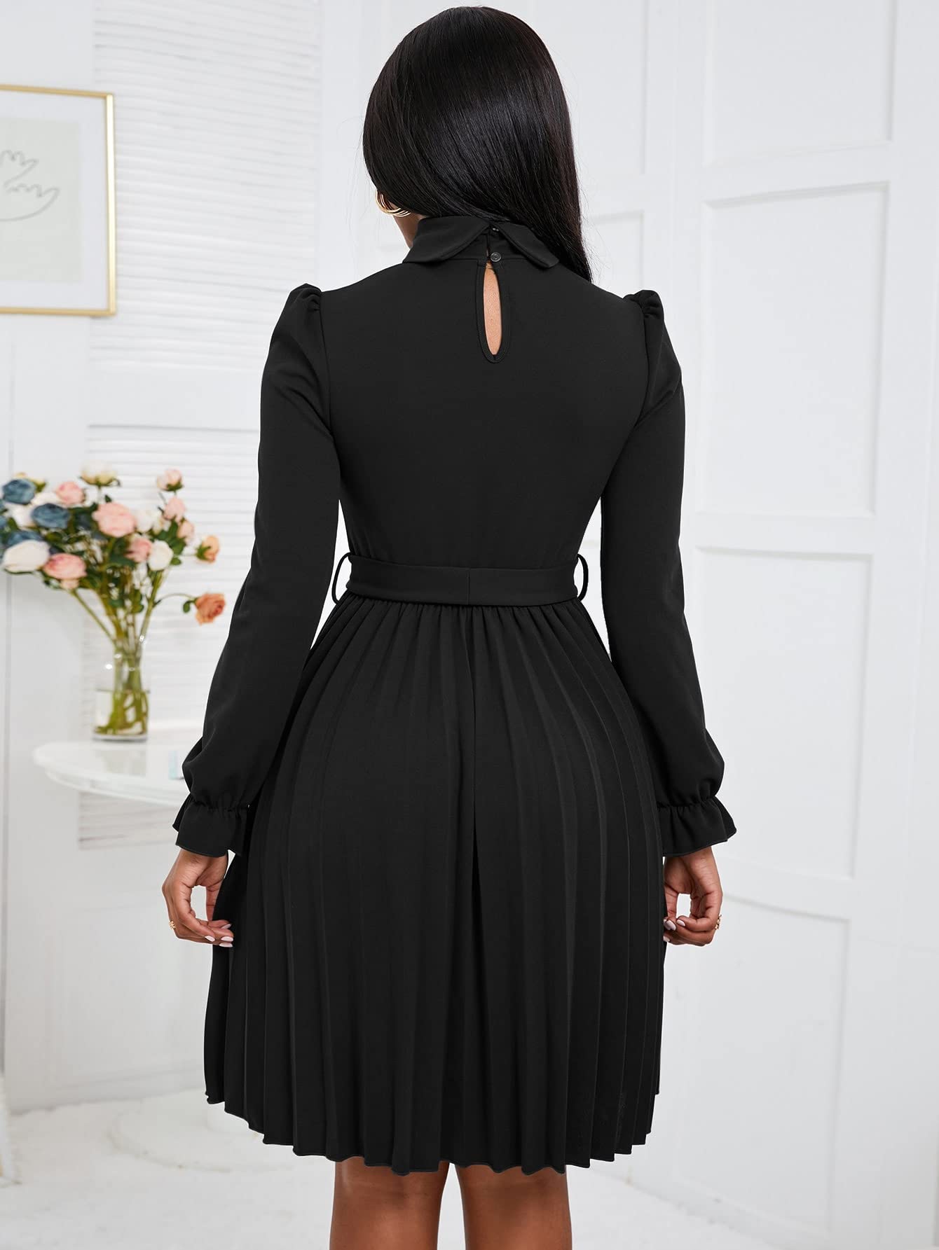 Amazon.com: Women's Dresses Turtleneck Flounce Sleeve Pleated Hem Belted  Dress Dress for Women(Black,Small) : Clothing, Shoes & Jewelry